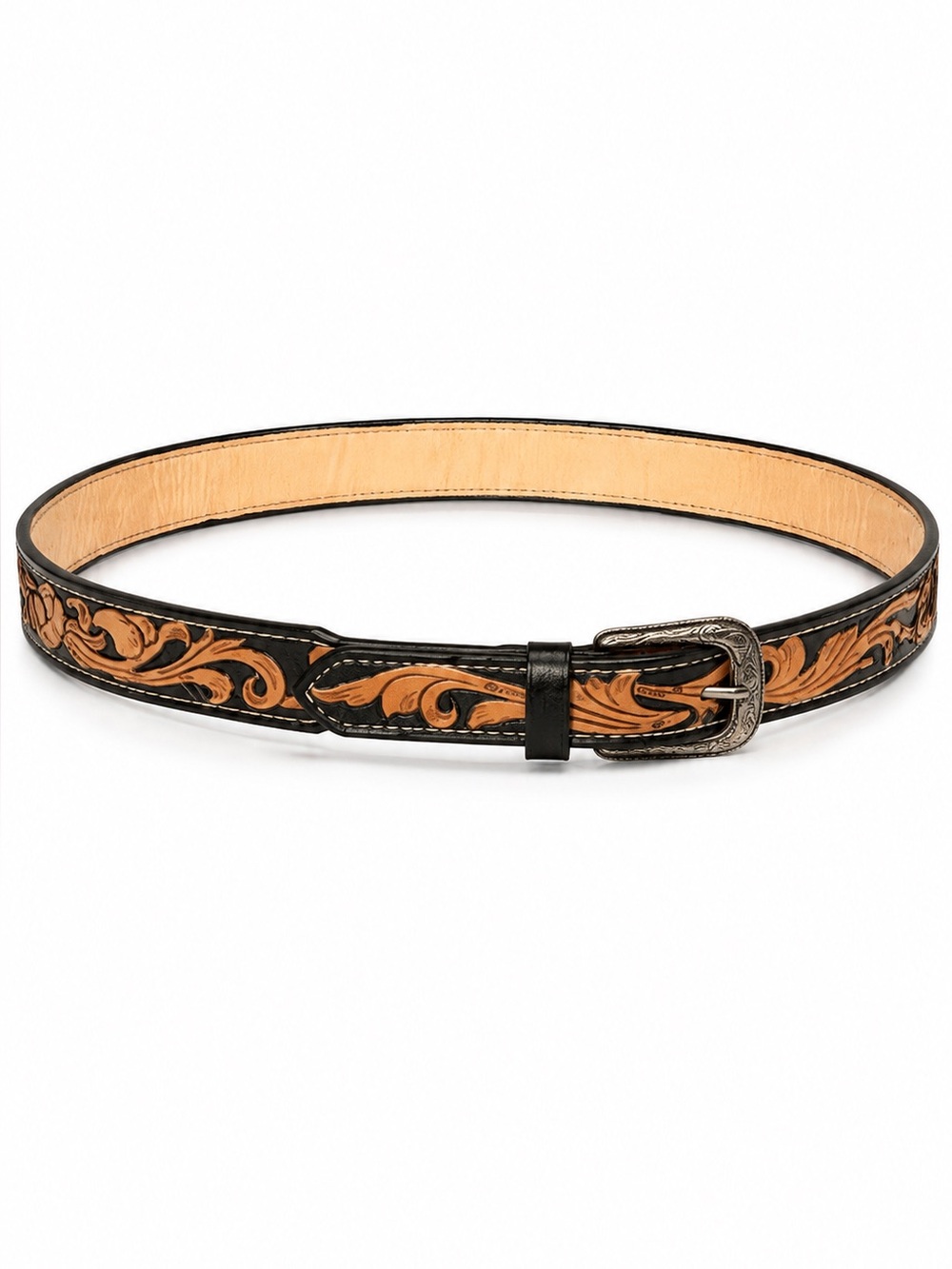 Tooled Leather Belt - Black Tan handmade